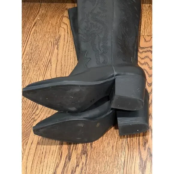 NWOB Crown Vintage Womens Sila Leather Cowboy Boots Blocked Heels Size 11W Black - Picture 6 of 9